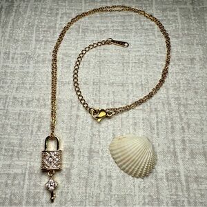 NWT Gold-Tone Stainless Steel & CZ Lock & Key Pendant Necklace